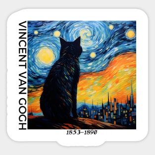 Vincent Van Gogh Artstyle, classic vincent van gogh painting, cat and starry night painting, oil painting, black cat, funny cat Sticker